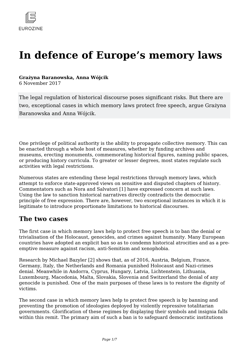 In Defence of Europe's Memory Laws