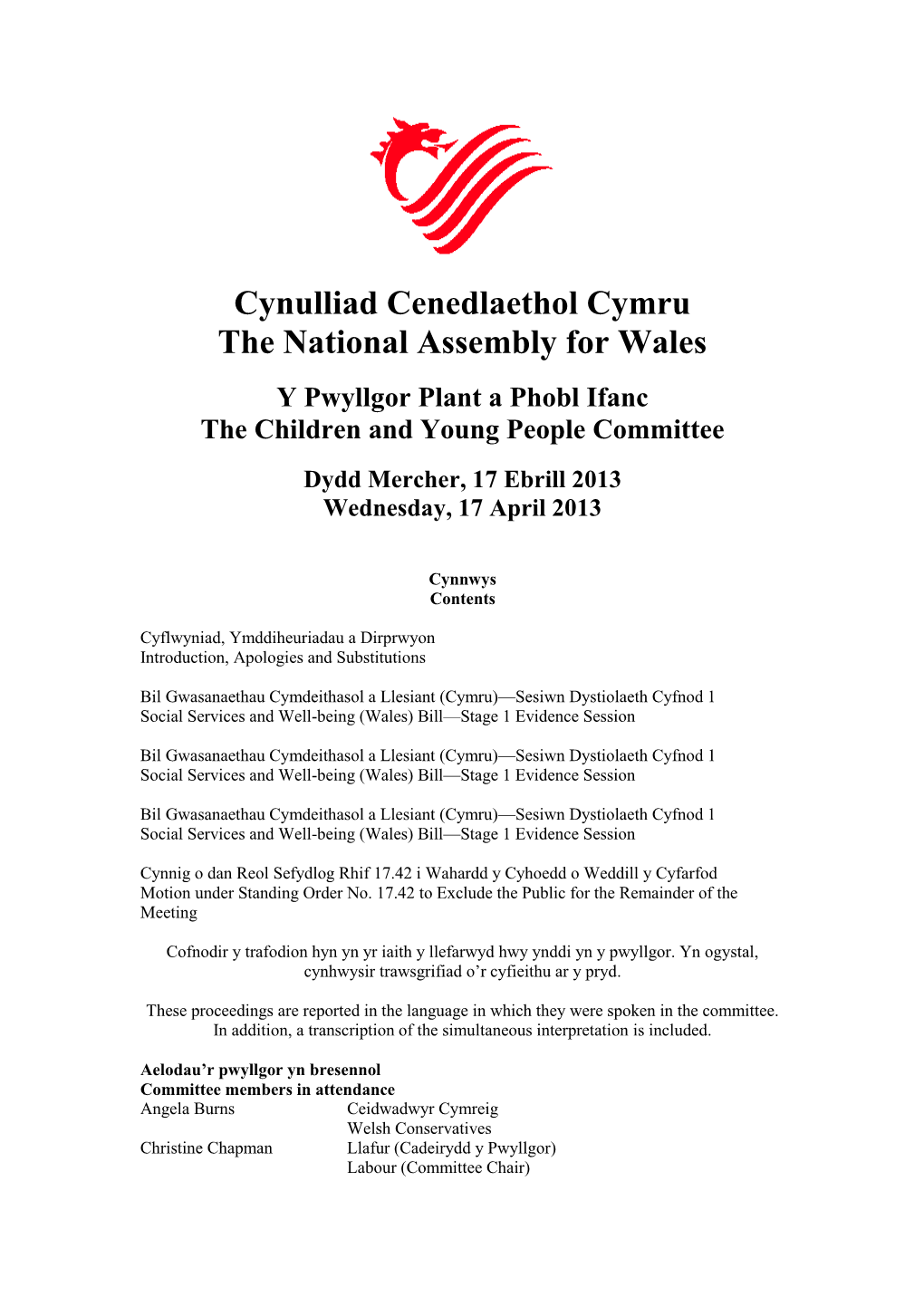 Cynulliad Cenedlaethol Cymru the National Assembly for Wales