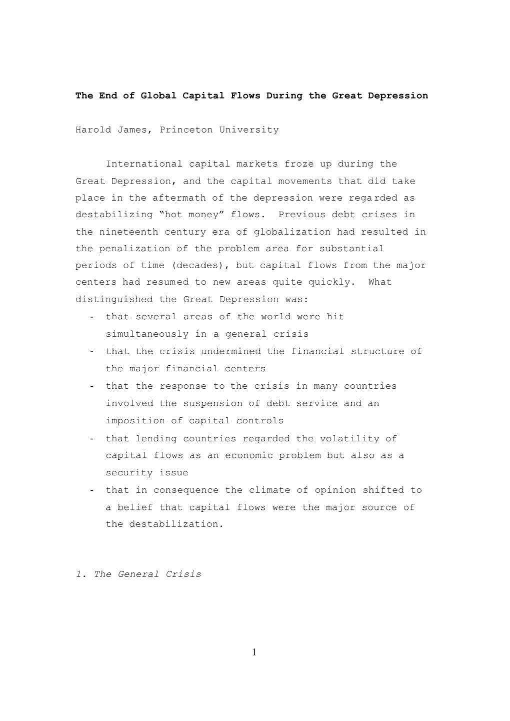 1 the End of Global Capital Flows During the Great Depression