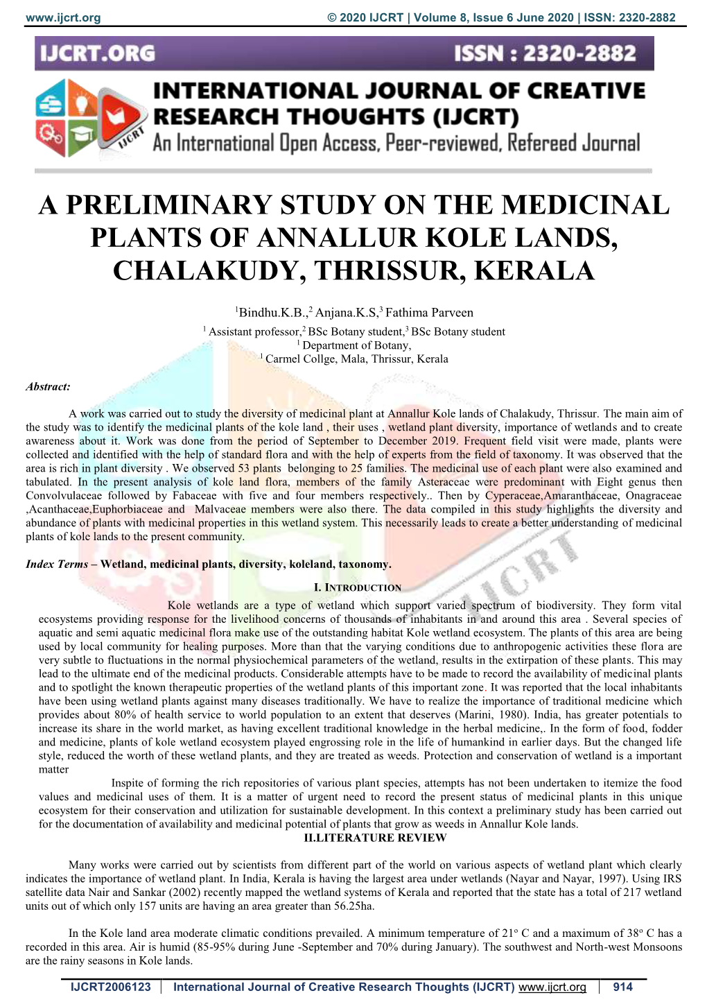 A Preliminary Study on the Medicinal Plants of Annallur Kole Lands, Chalakudy, Thrissur, Kerala