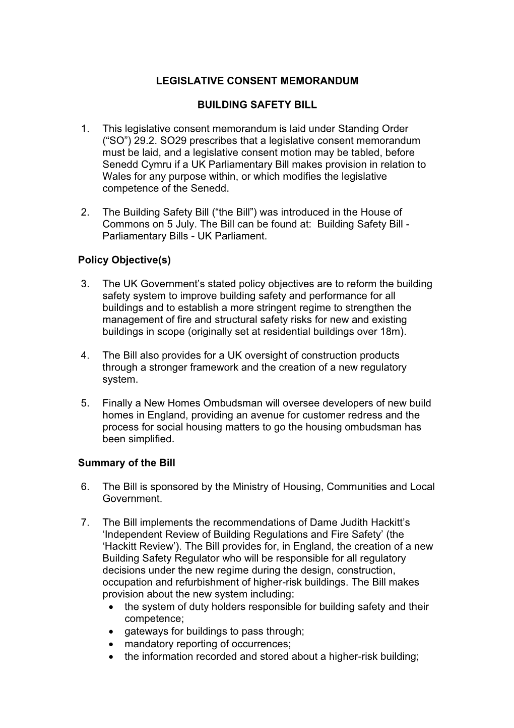 Legislative Consent Memorandum