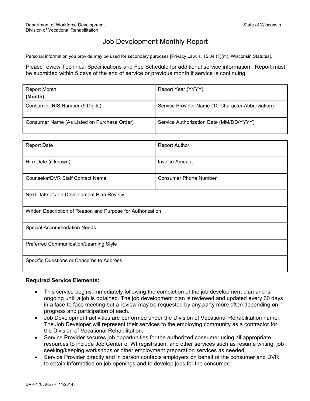 DVR-17058-E, Job Development Monthly Report