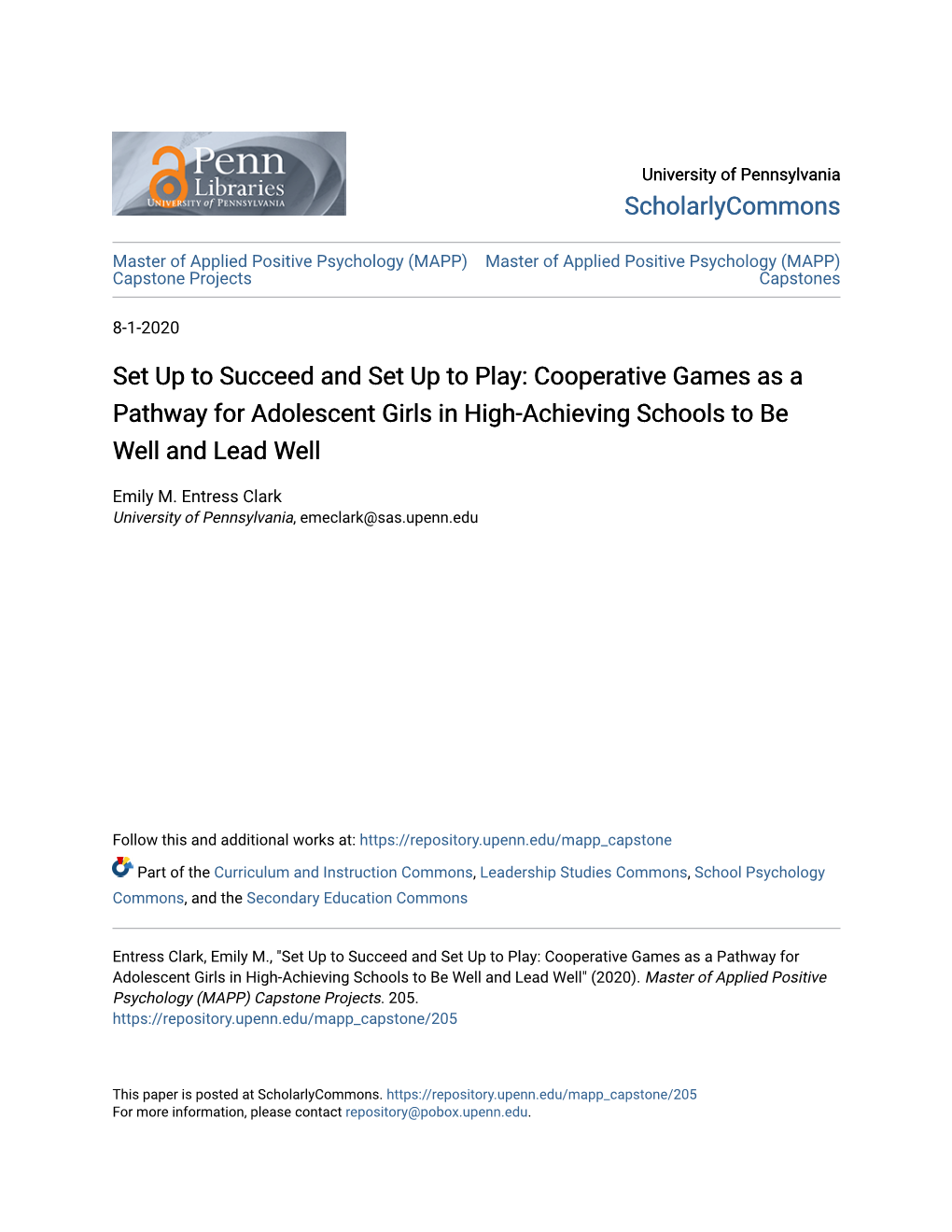 Cooperative Games As a Pathway for Adolescent Girls in High-Achieving Schools to Be Well and Lead Well