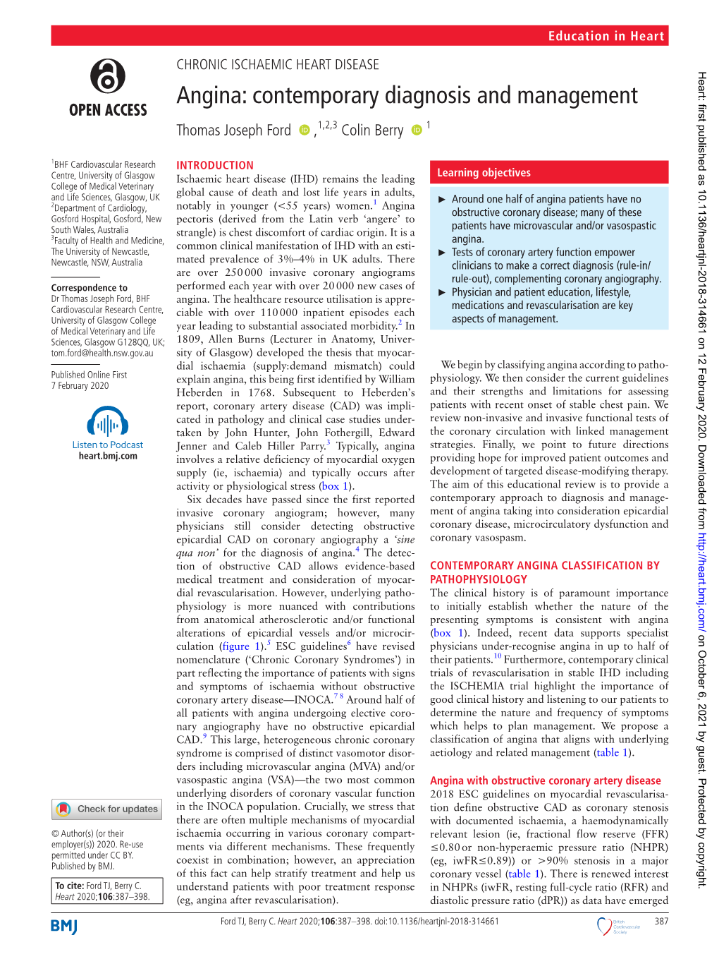 Angina: Contemporary Diagnosis and Management Thomas Joseph Ford ‍ ‍ ,1,2,3 Colin Berry ‍ ‍ 1