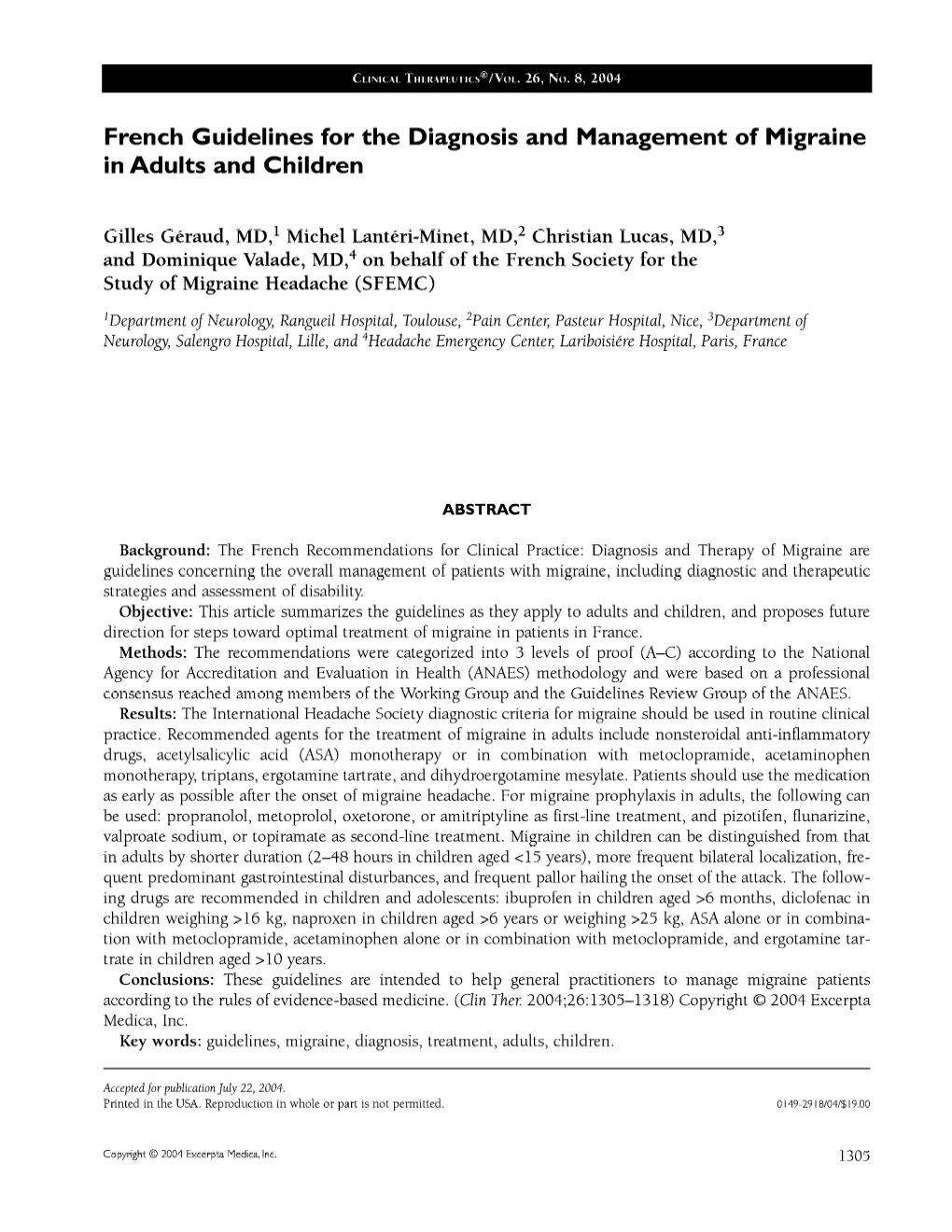 French Guidelines for the Diagnosis and Management of Migraine in Adults and Children