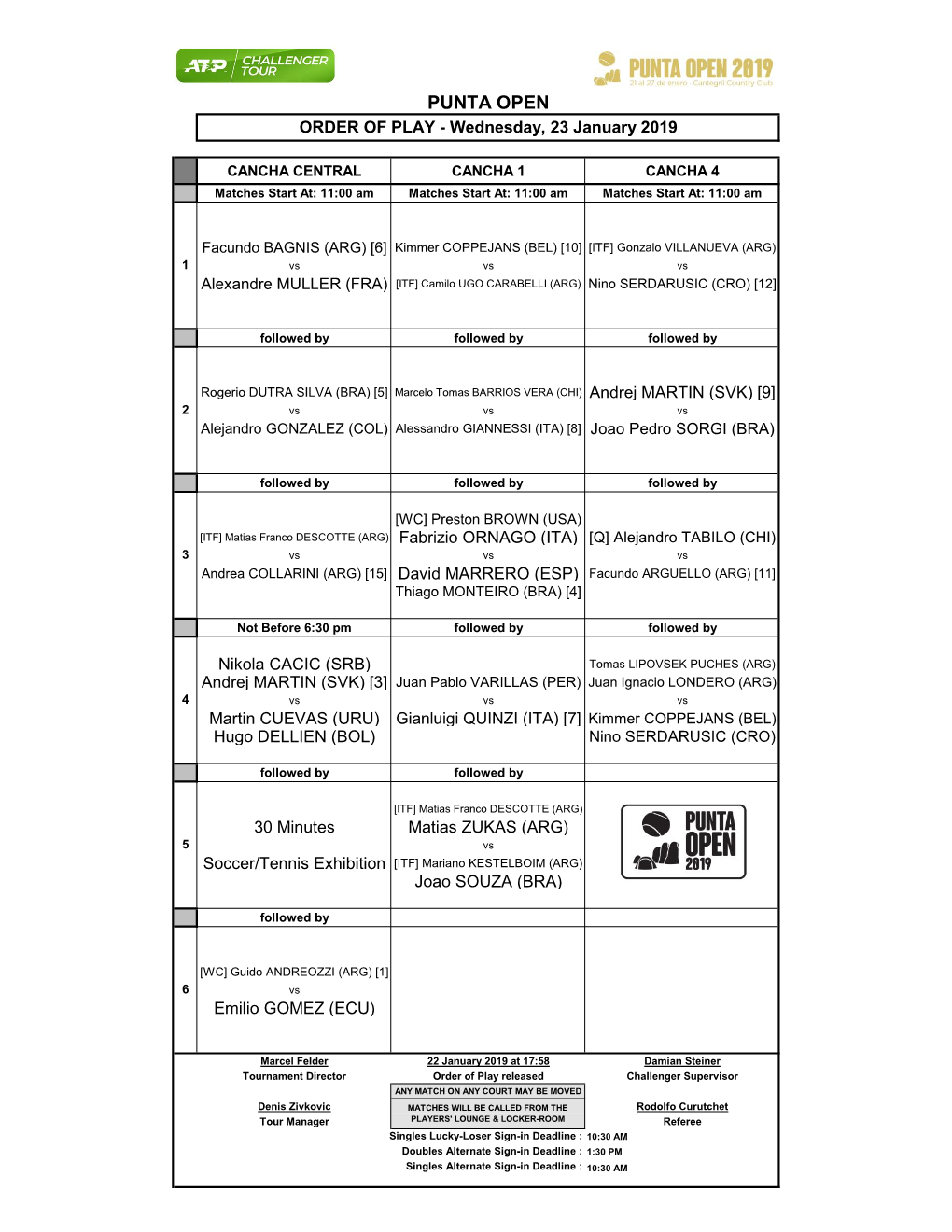 PUNTA OPEN ORDER of PLAY - Wednesday, 23 January 2019