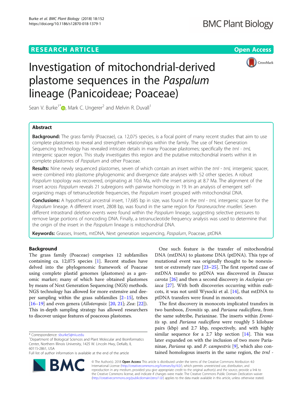 Investigation of Mitochondrial-Derived Plastome Sequences in the Paspalum Lineage (Panicoideae; Poaceae) Sean V