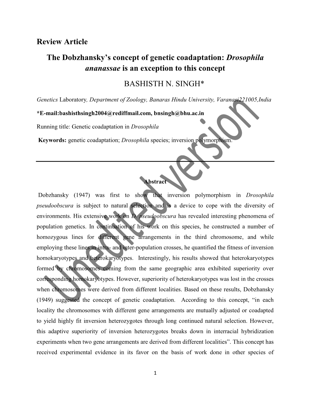 Review Article the Dobzhansky's Concept of Genetic Coadaptation