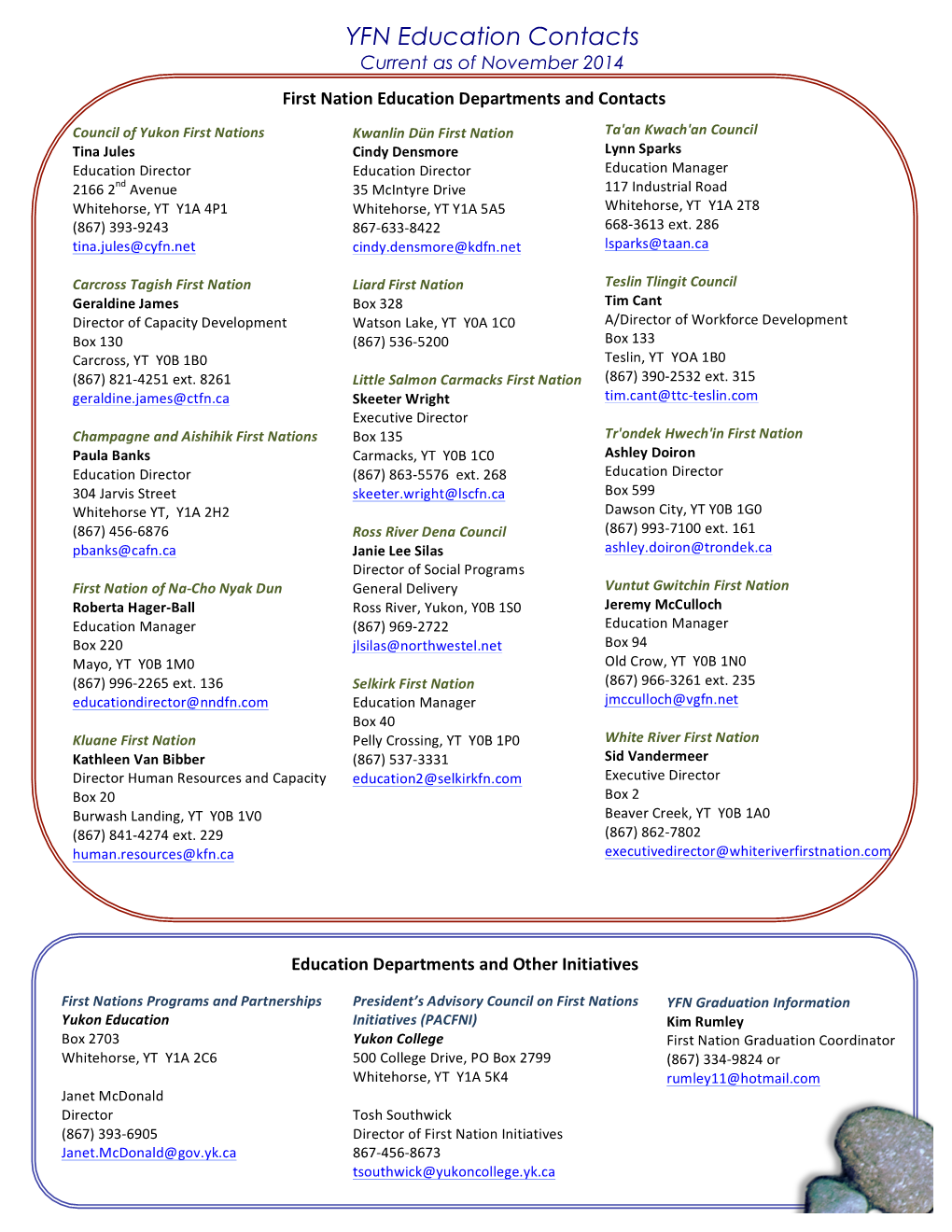 YFN Education Contacts Current As of November 2014 First Nation Education Departments and Contacts