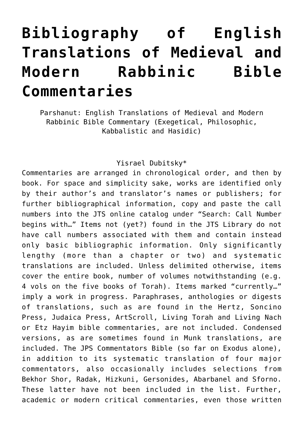 Bibliography of English Translations of Medieval and Modern Rabbinic Bible Commentaries
