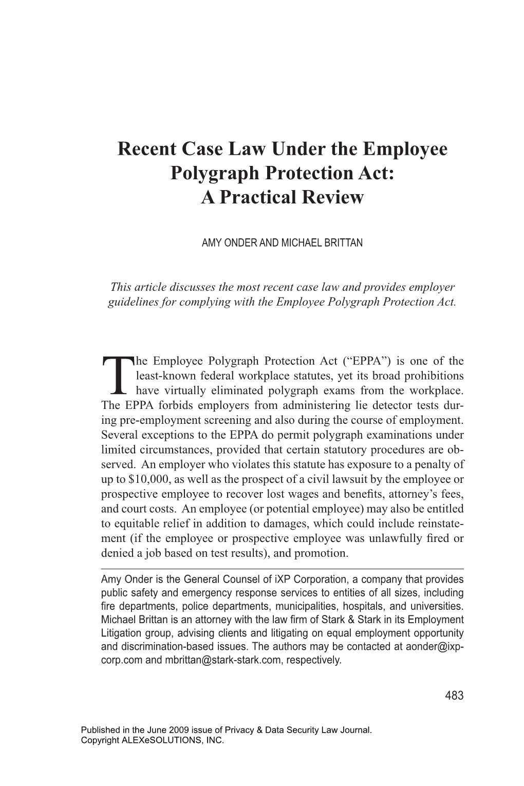 Recent Case Law Under the Employee Polygraph Protection Act: a Practical Review