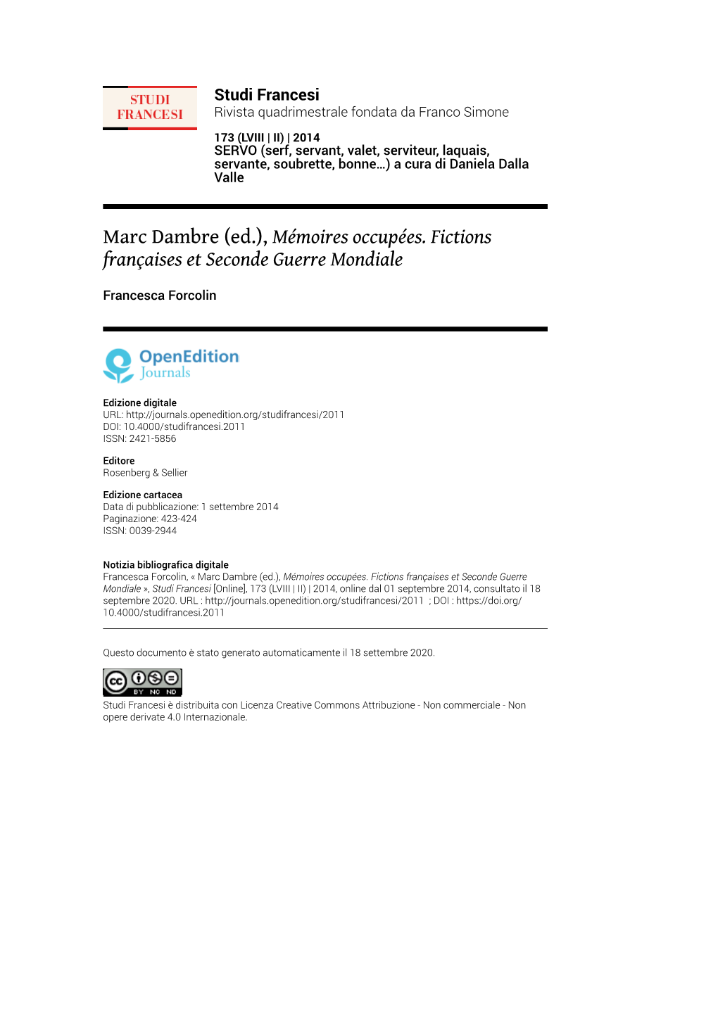 Studi Francesi, 173 (LVIII | II) | 2014 Marc Dambre (Ed.), Mémoires Occupées