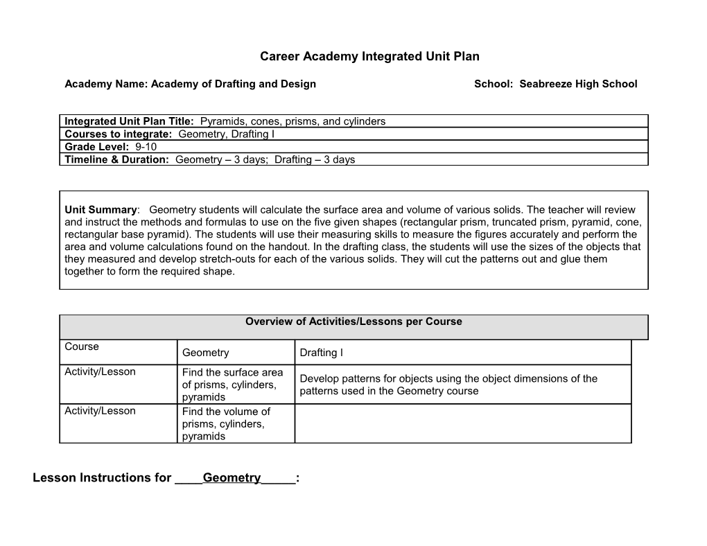 Career Academy Integrated Unit Plan