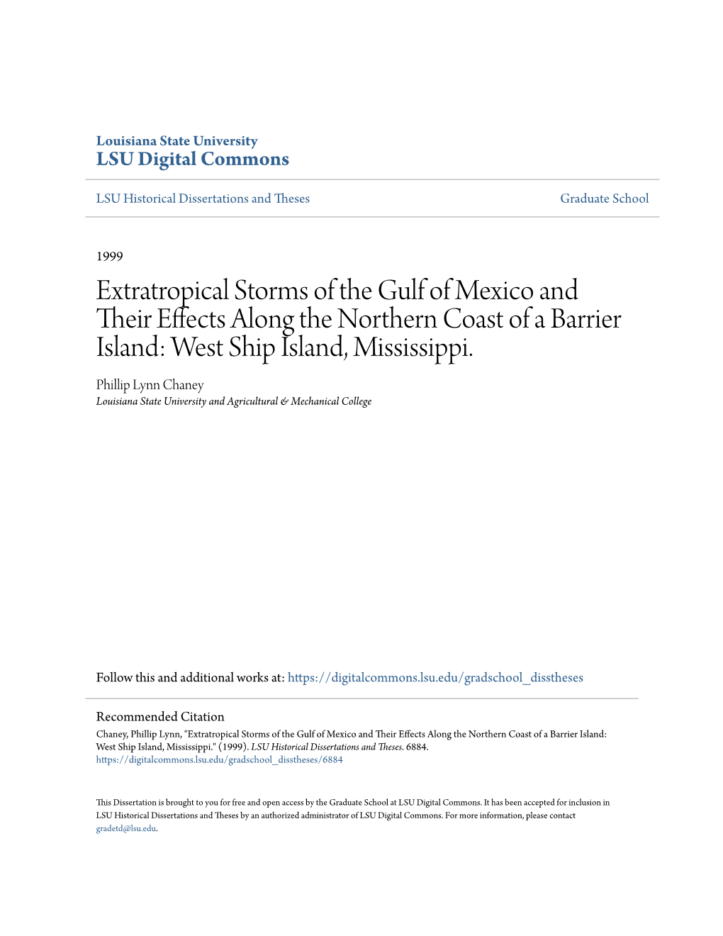 Extratropical Storms of the Gulf of Mexico and Their Ffece Ts Along the Northern Coast of a Barrier Island: West Ship Island, Mississippi