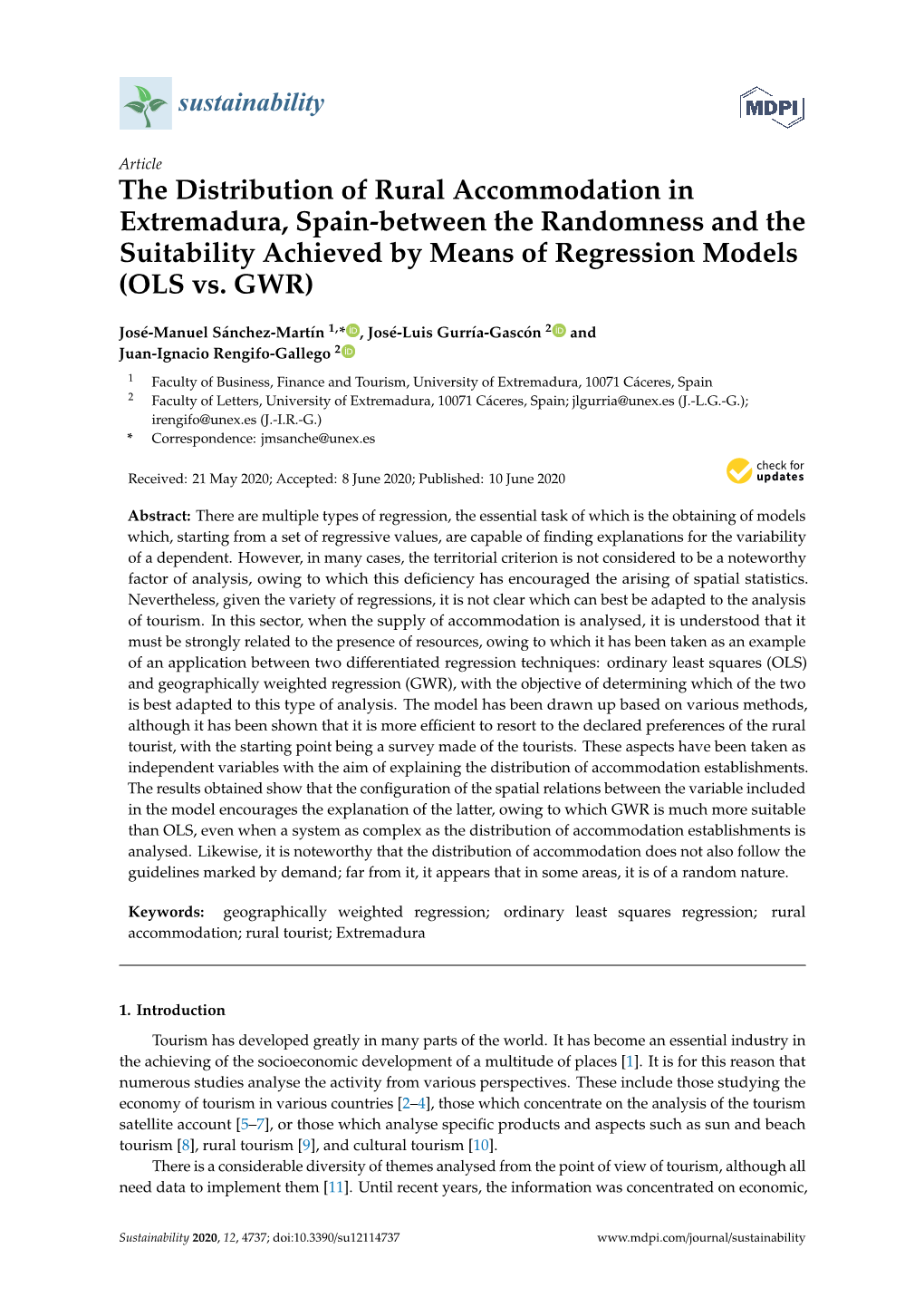 The Distribution of Rural Accommodation in Extremadura, Spain-Between the Randomness and the Suitability Achieved by Means of Regression Models (OLS Vs