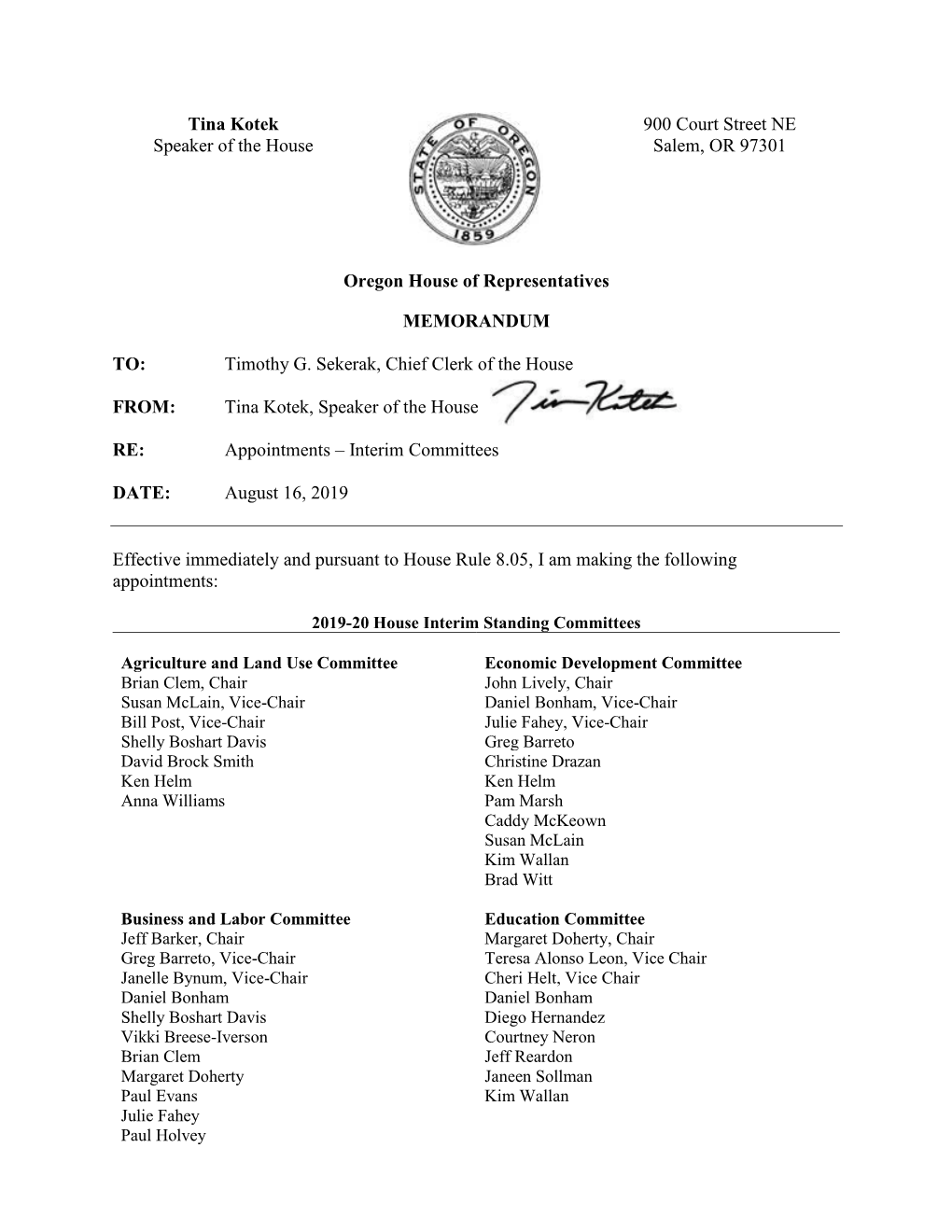 Speaker Appointments to Interim Committees