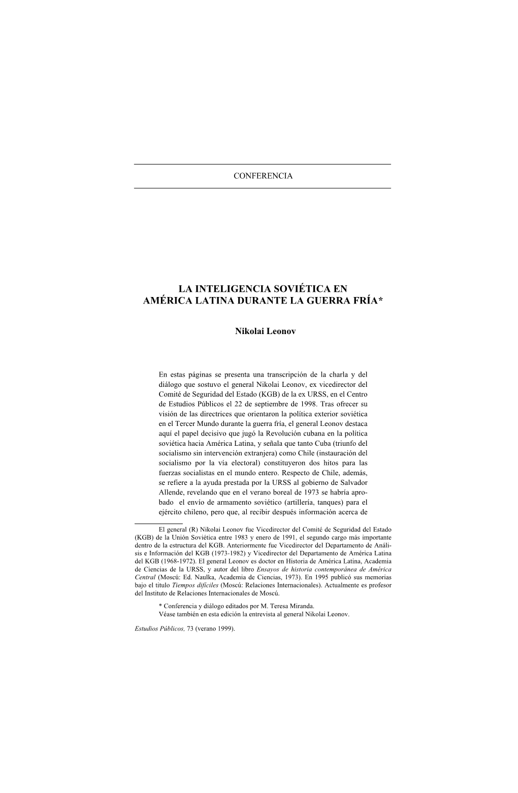 La Inteligencia Soviética En América Latina Durante La Guerra Fría*