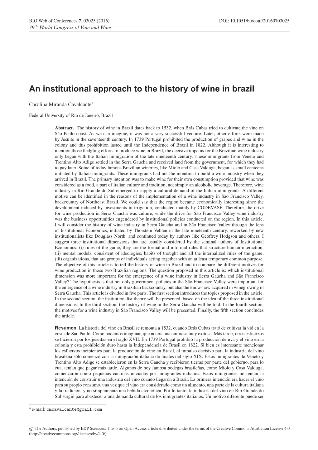 An Institutional Approach to the History of Wine in Brazil