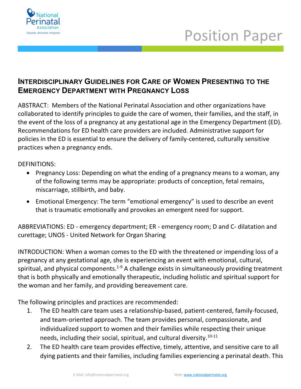 Interdisciplinary Guidelines for Care of Women Presenting to the Emergency Department with Pregnancy Loss