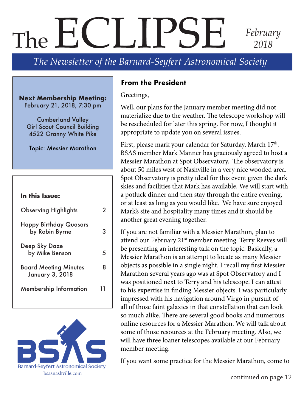 The Newsletter of the Barnard-Seyfert Astronomical Society