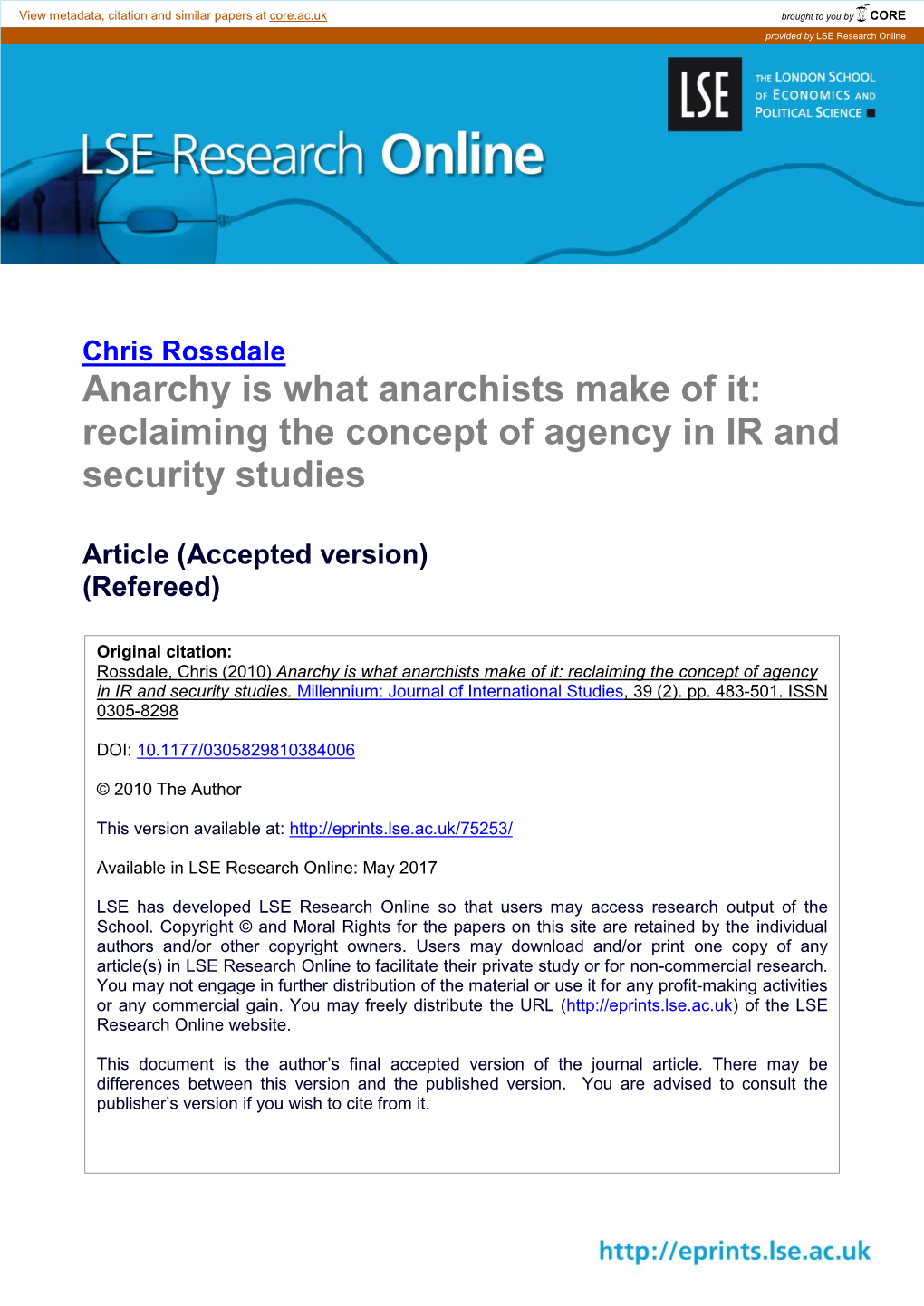 Anarchy Is What Anarchists Make of It: Reclaiming the Concept of Agency in IR and Security Studies