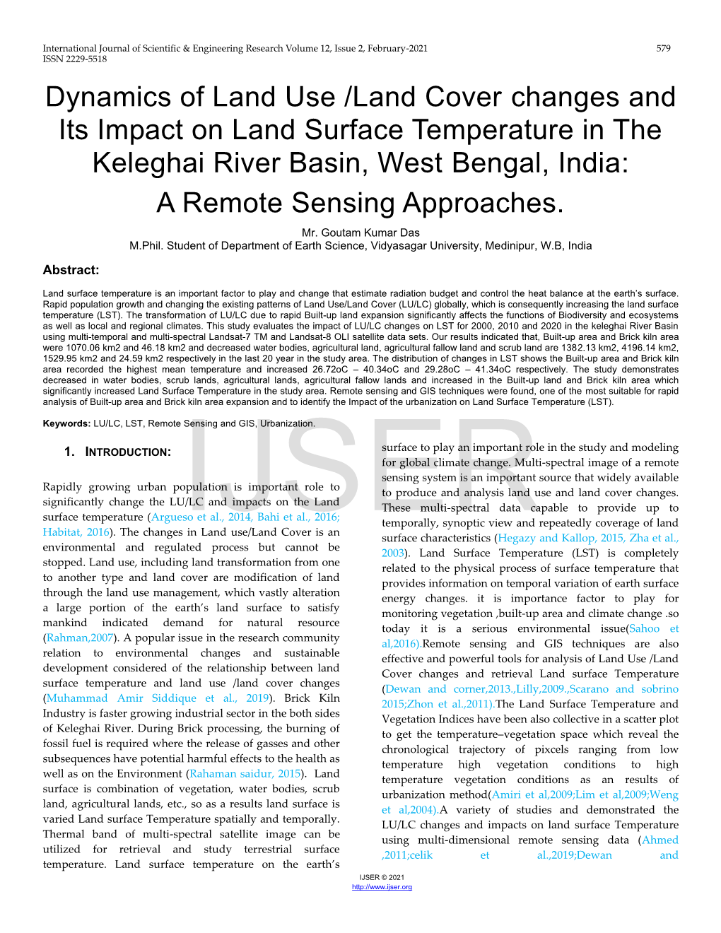 Dynamics of Land Use /Land Cover Changes and Its Impact on Land Surface Temperature in the Keleghai River Basin, West Bengal, India: a Remote Sensing Approaches