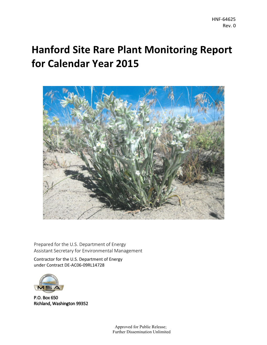 Hanford Site Rare Plant Monitoring Report for Calendar Year 2015