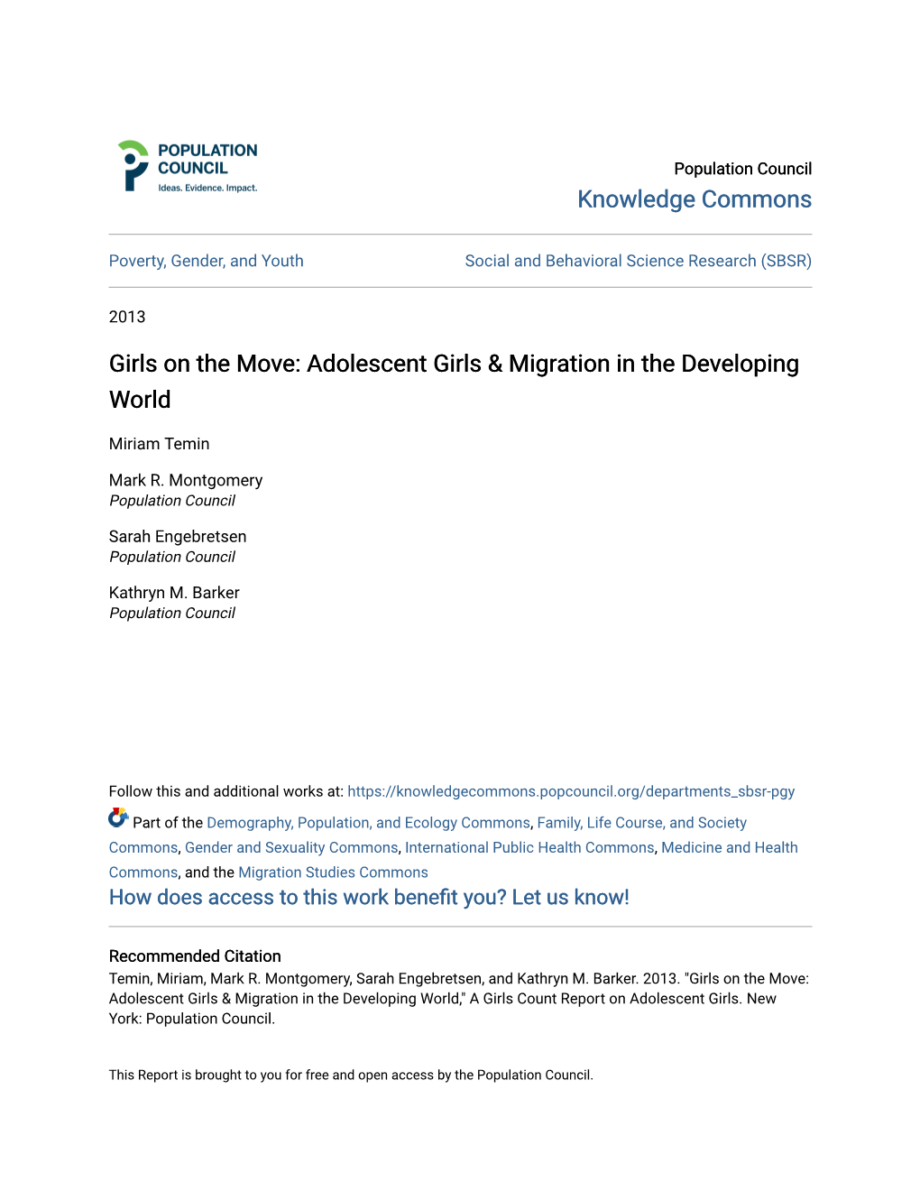 Adolescent Girls & Migration in the Developing World
