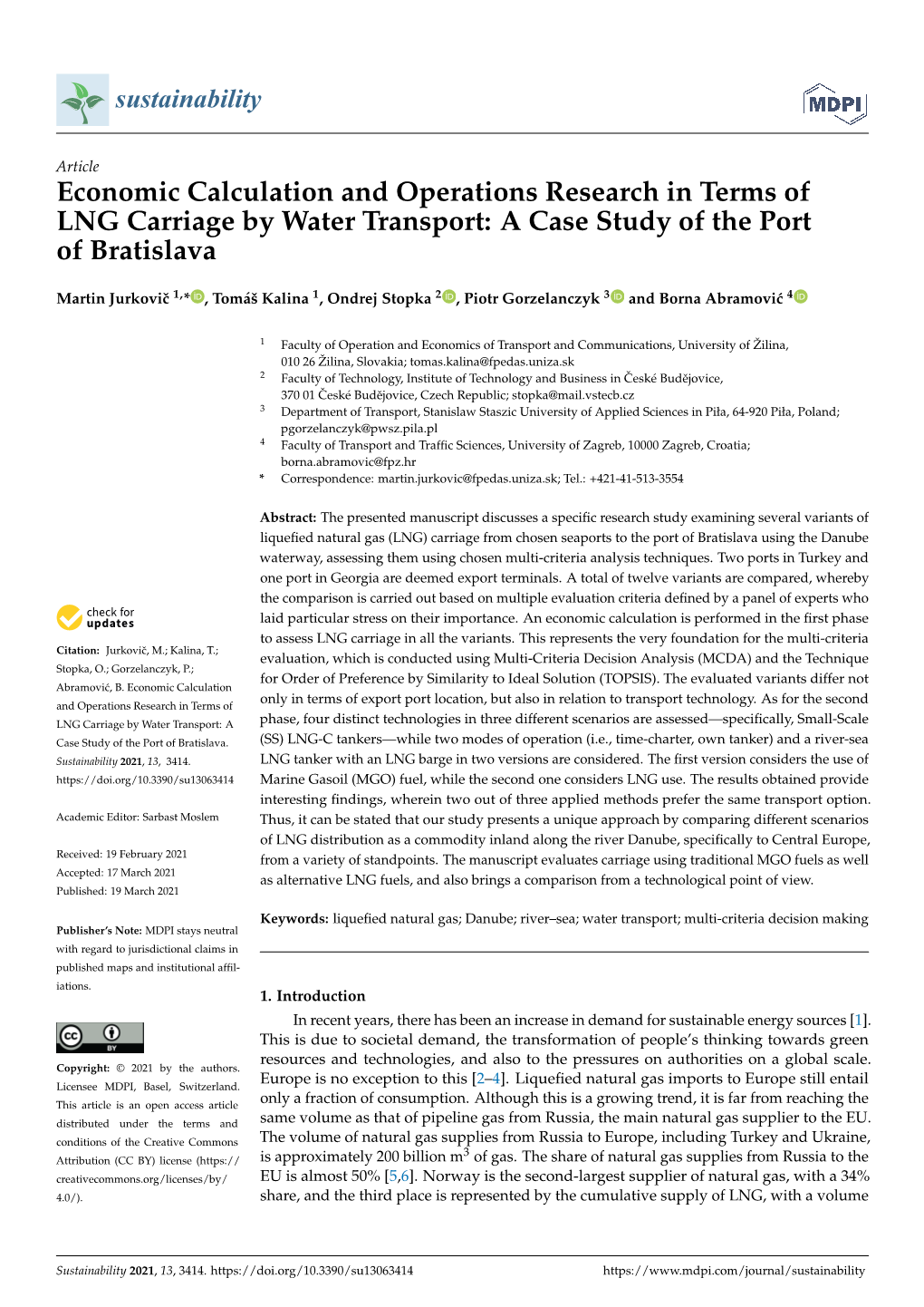 Economic Calculation and Operations Research in Terms of LNG Carriage by Water Transport: a Case Study of the Port of Bratislava