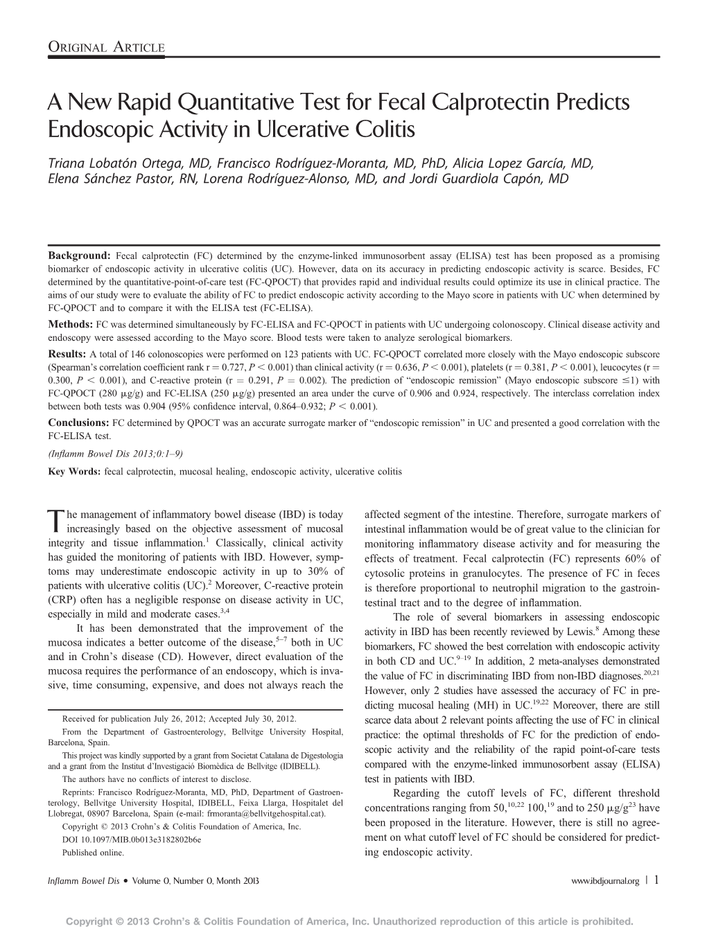 A New Rapid Quantitative Test for Fecal Calprotectin Predicts