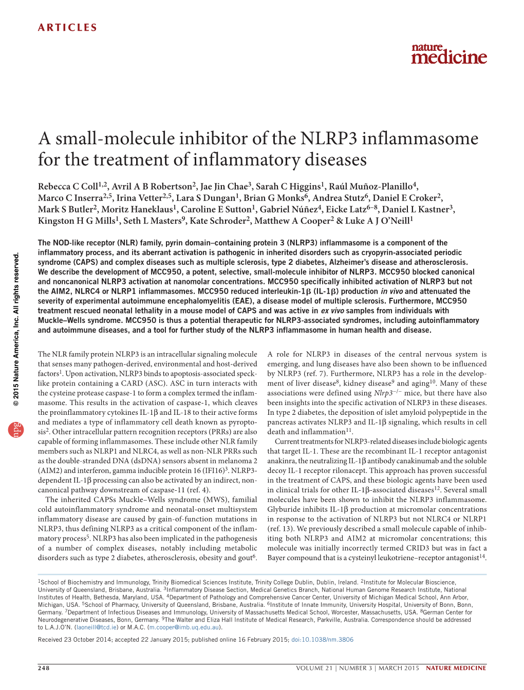 A Small-Molecule Inhibitor of the NLRP3 Inflammasome for the Treatment of Inflammatory Diseases