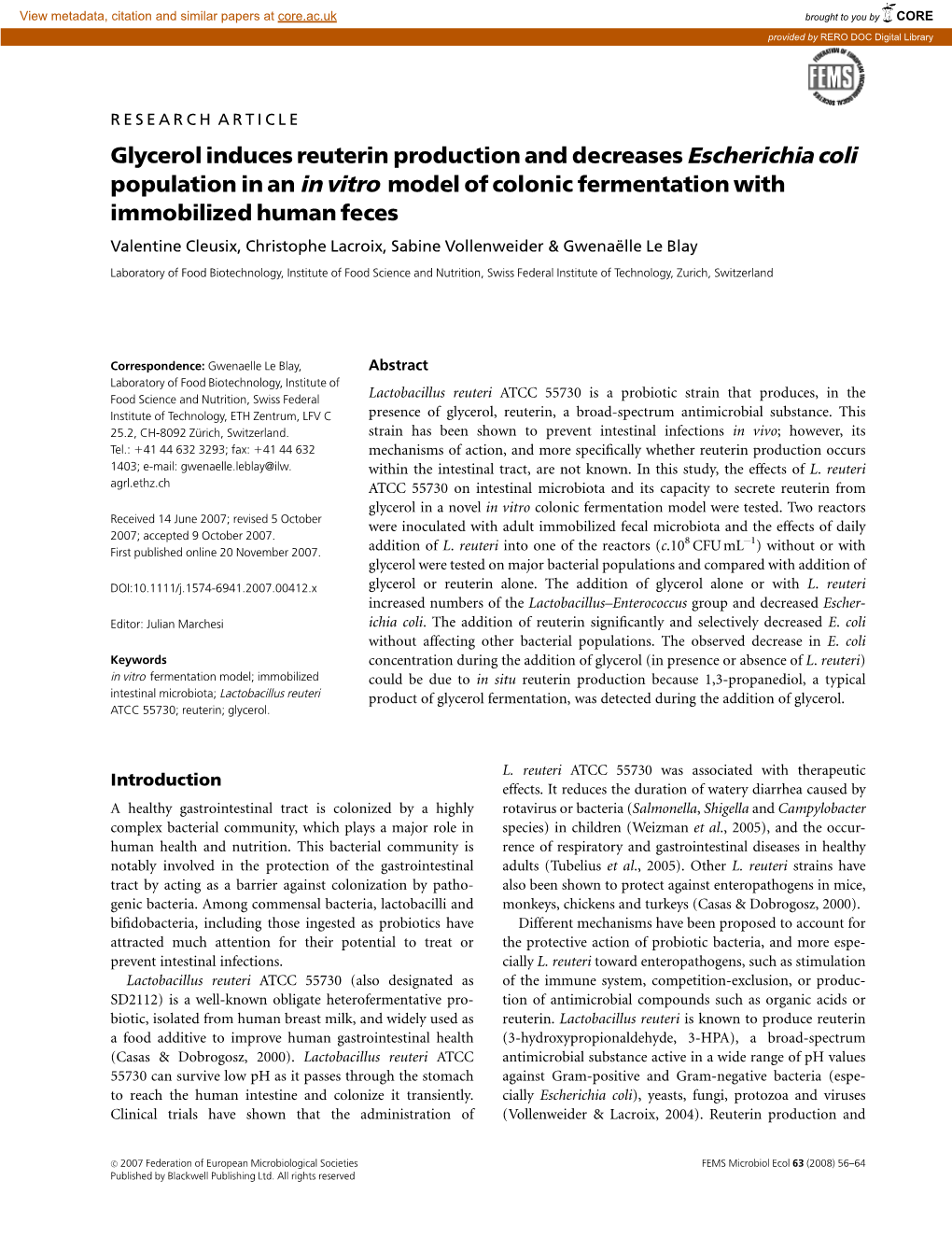 Glycerol Induces Reuterin Production and Decreases Escherichia Coli Population in an in Vitro Model of Colonic Fermentation With