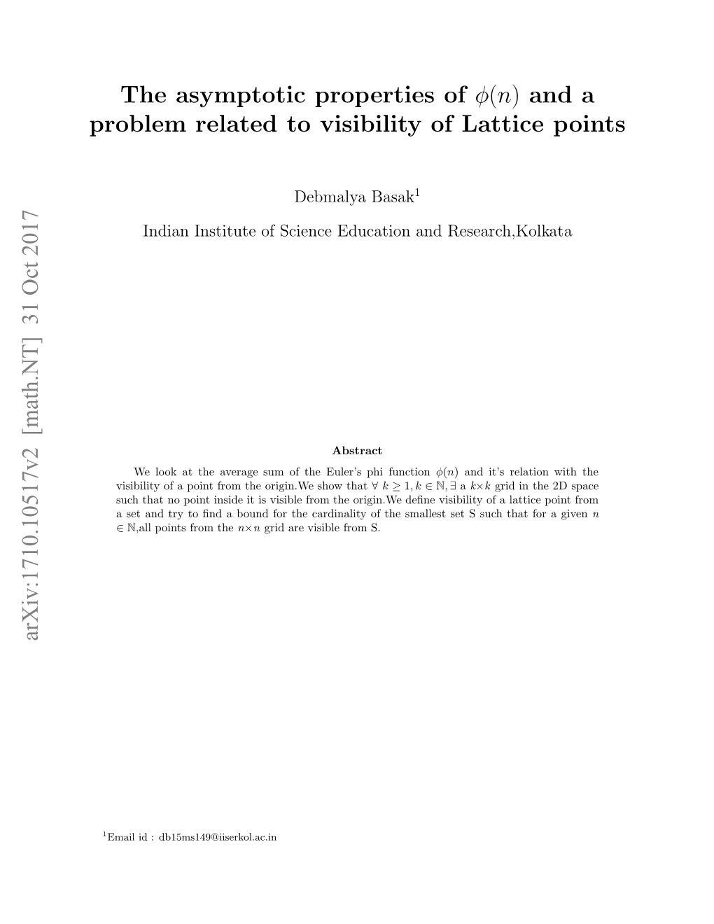 The Asymptotic Properties of Φ(N) and a Problem Related to Visibility