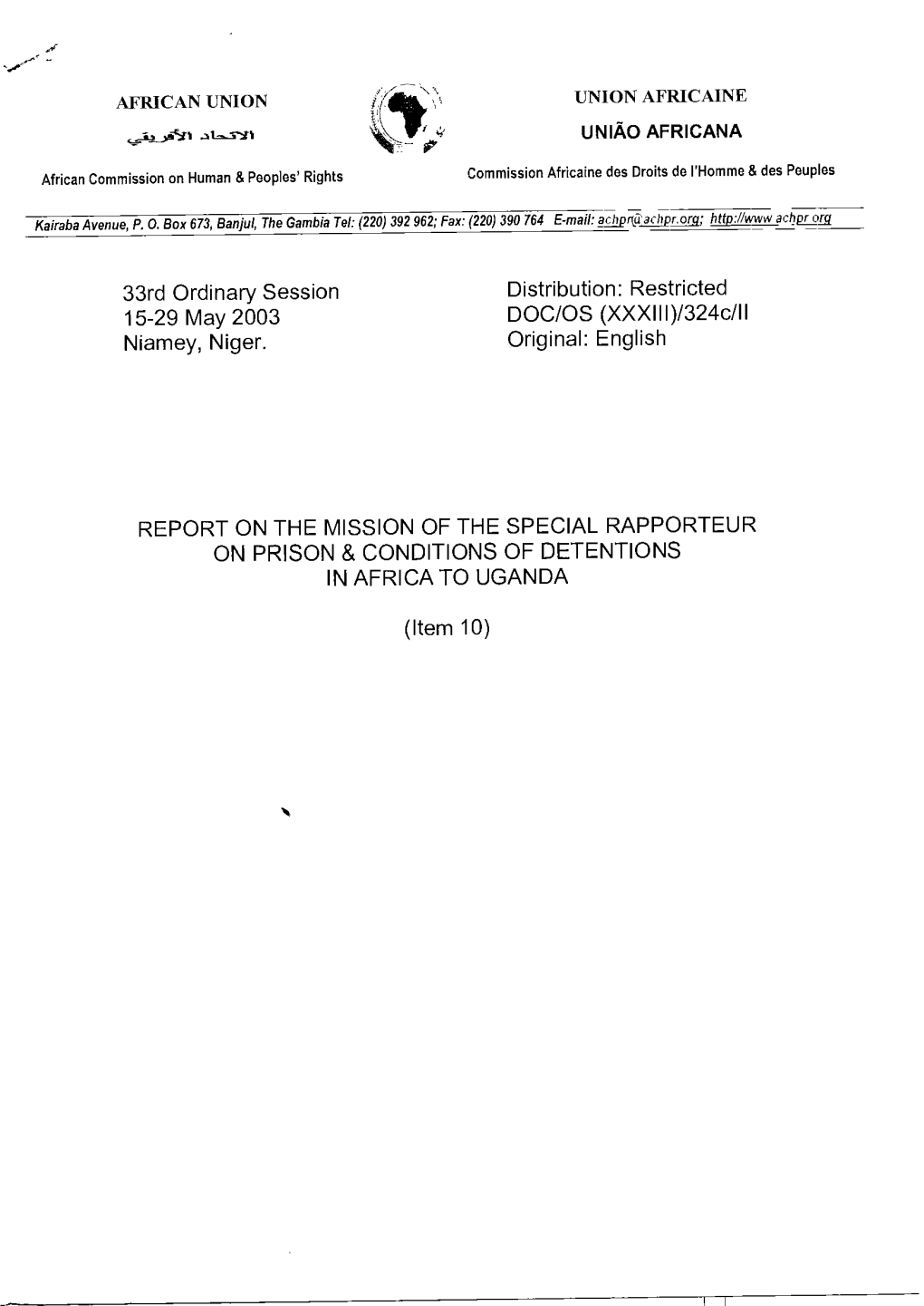 33Rd Ordinary Session Distribution: Restricted 15-29 May 2003 DOC