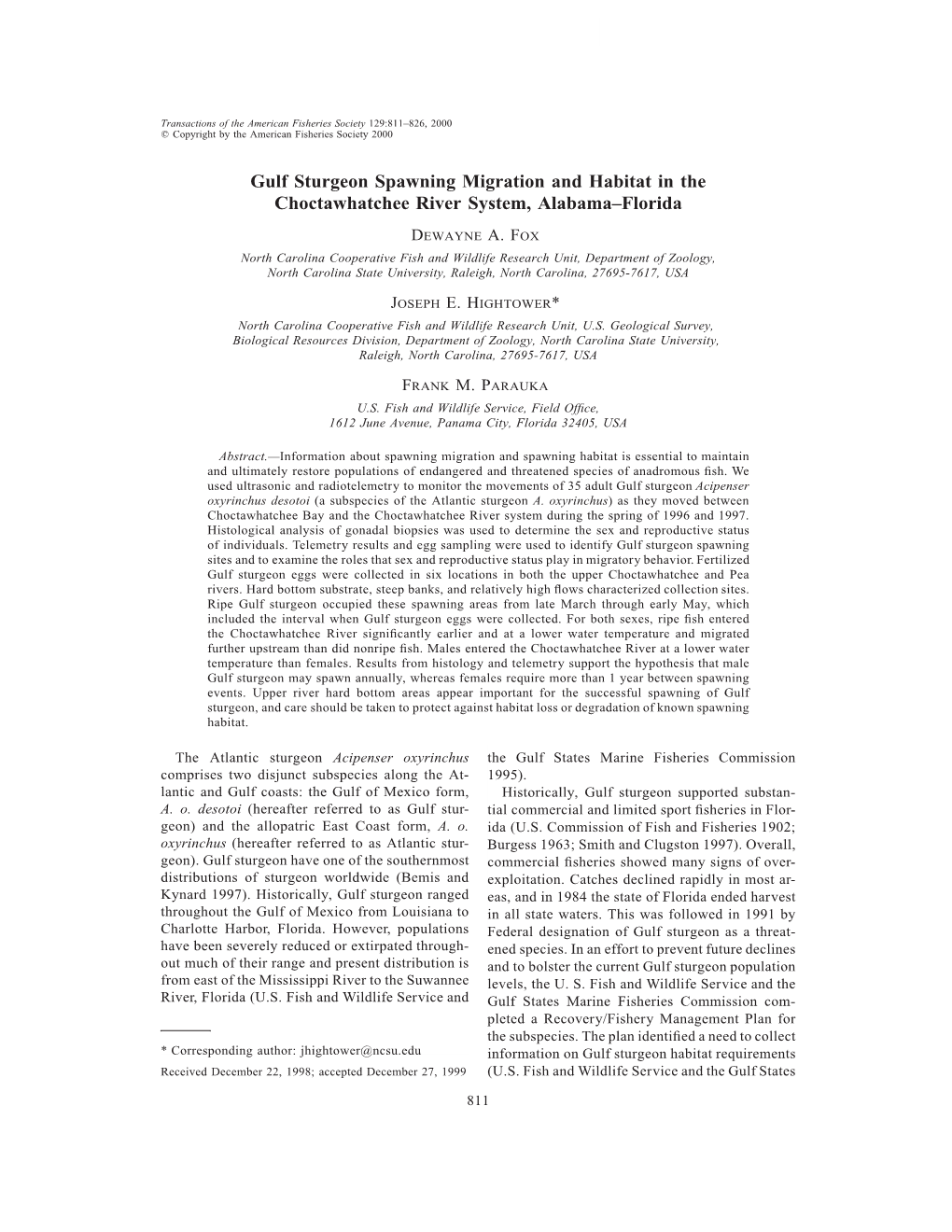 Gulf Sturgeon Spawning Migration and Habitat in the Choctawhatchee River System, Alabama±Florida