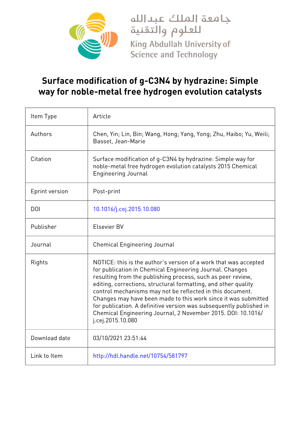 Surface Modification of G-C3N4 by Hydrazine: Simple Way for Noble-Metal Free Hydrogen Evolution Catalysts