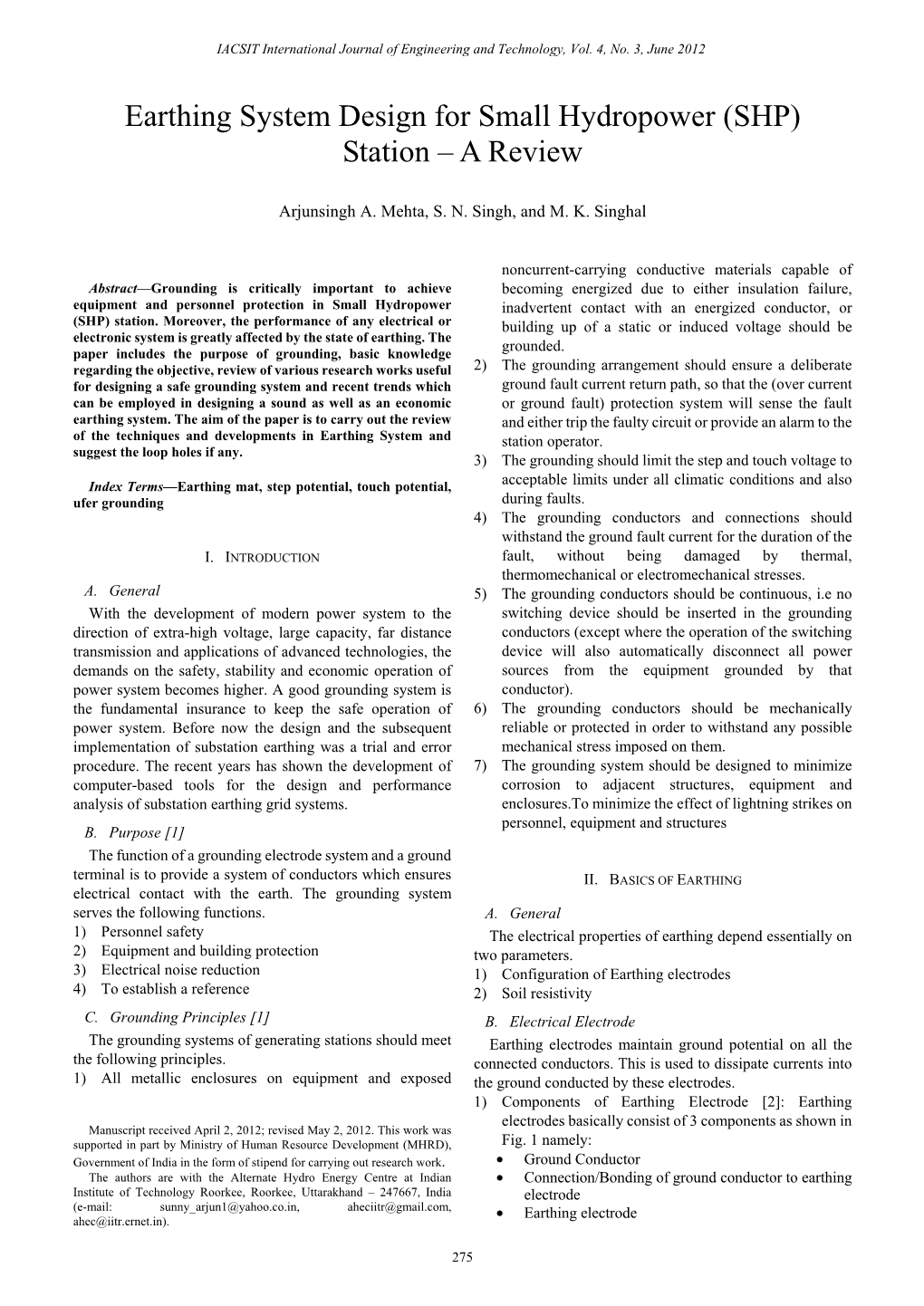 Earthing System Design for Small Hydropower (SHP) Station – a Review