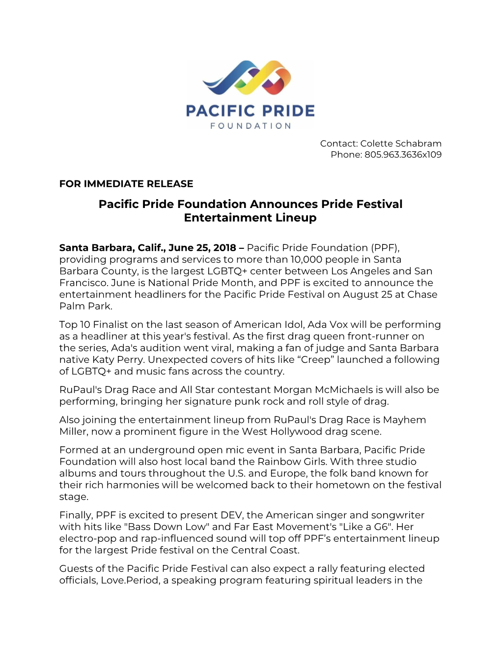 Pacific Pride Foundation Announces Pride Festival Entertainment Lineup