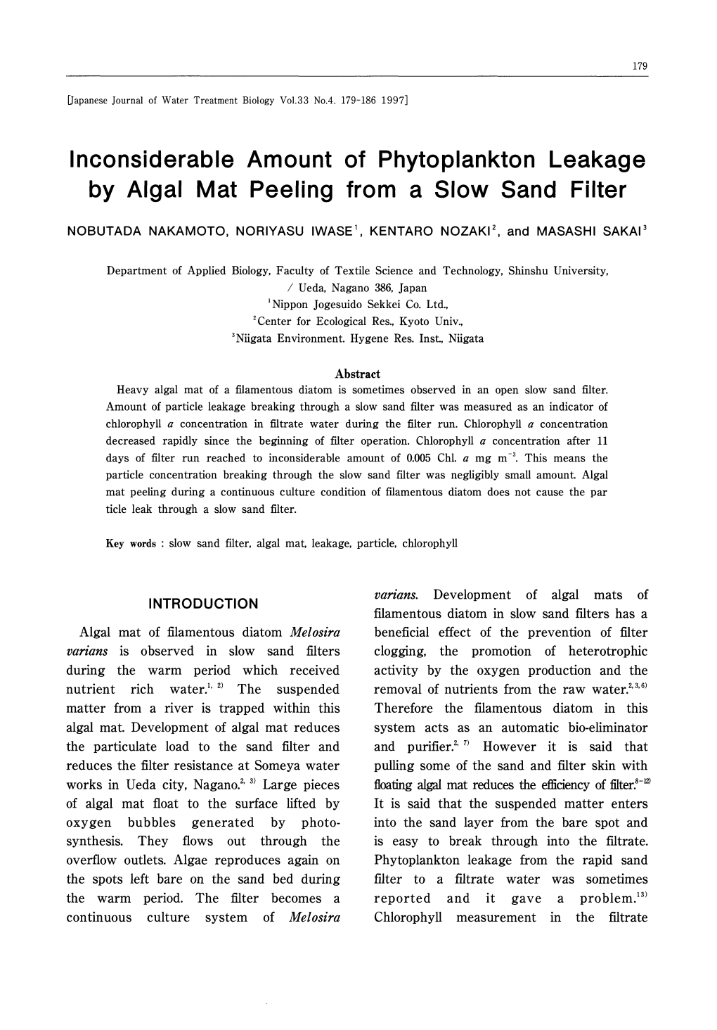 Inconsiderable Amount of Phytoplankton Leakage by Algal Mat Peeling from a Slow Sand Filter