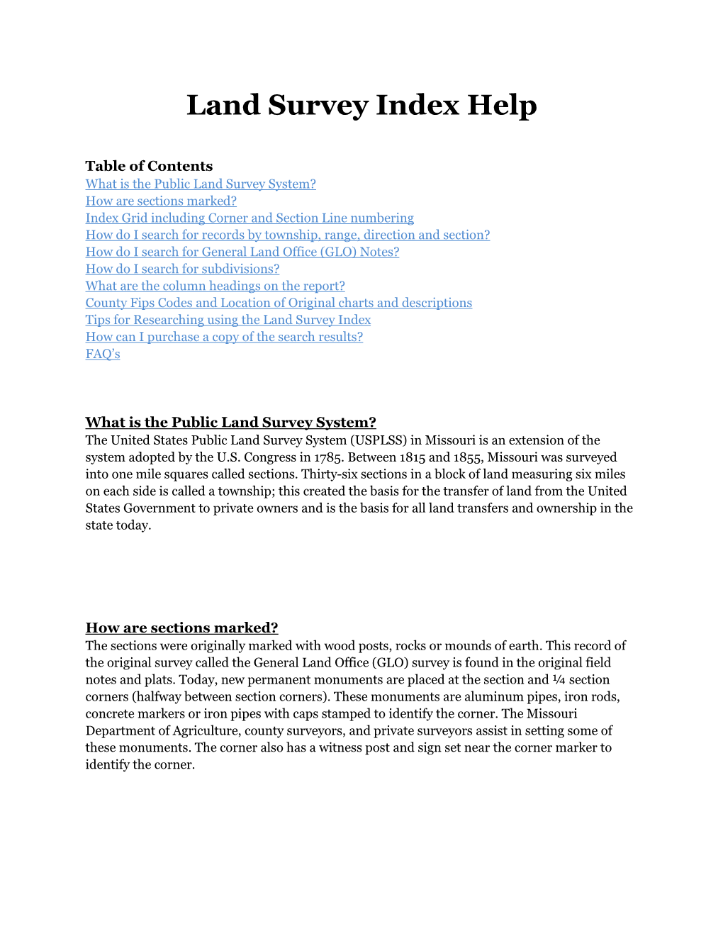 Land Survey Index Help