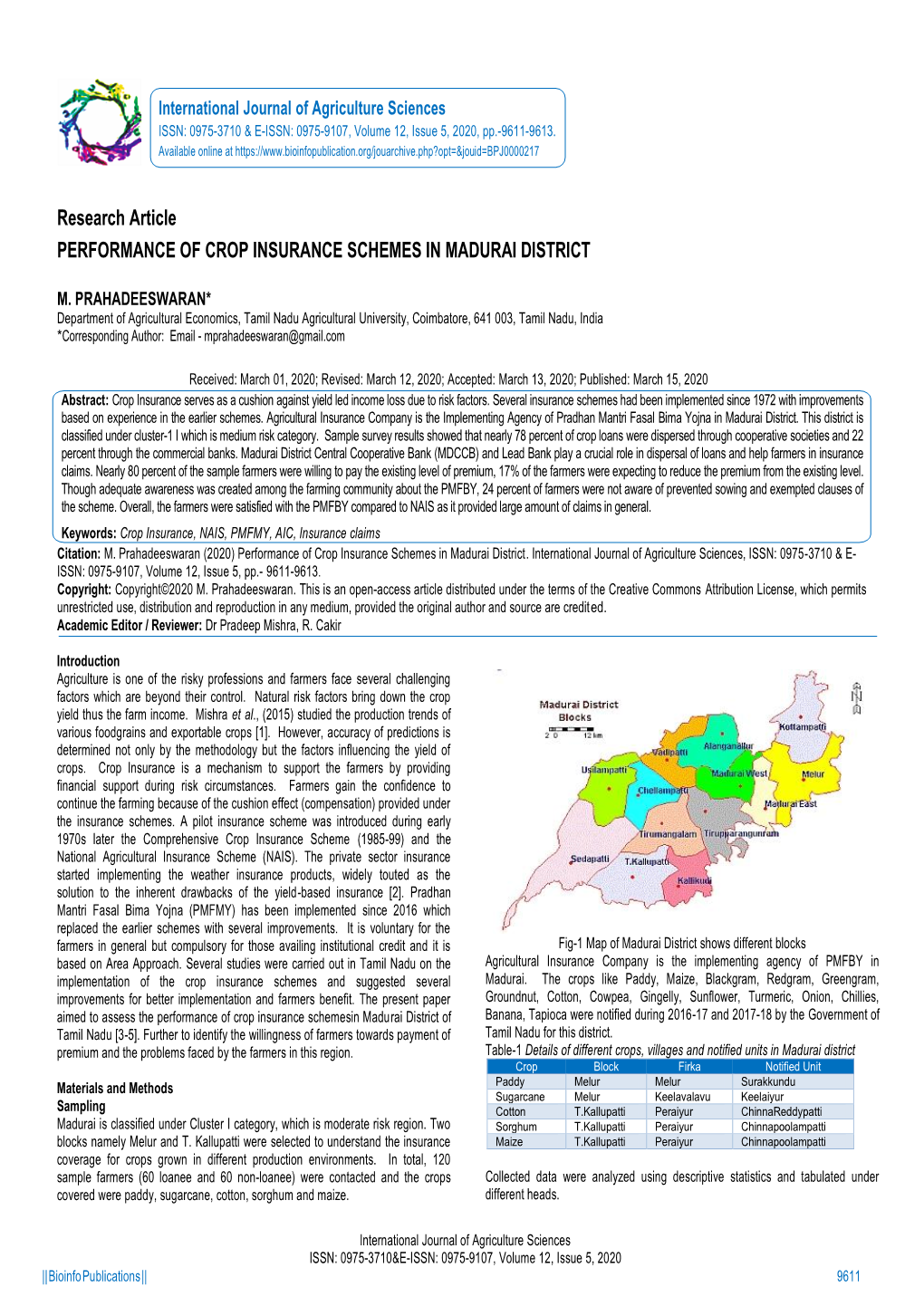 Research Article PERFORMANCE of CROP INSURANCE SCHEMES in MADURAI DISTRICT