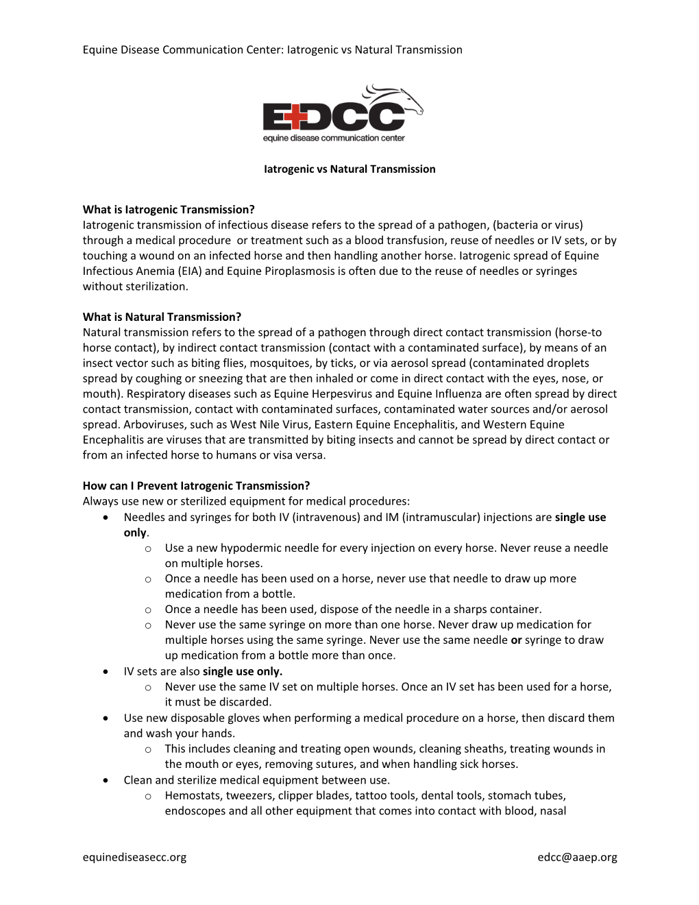 Iatrogenic Vs Natural Transmission Equinediseasecc.Org Edcc@Aaep