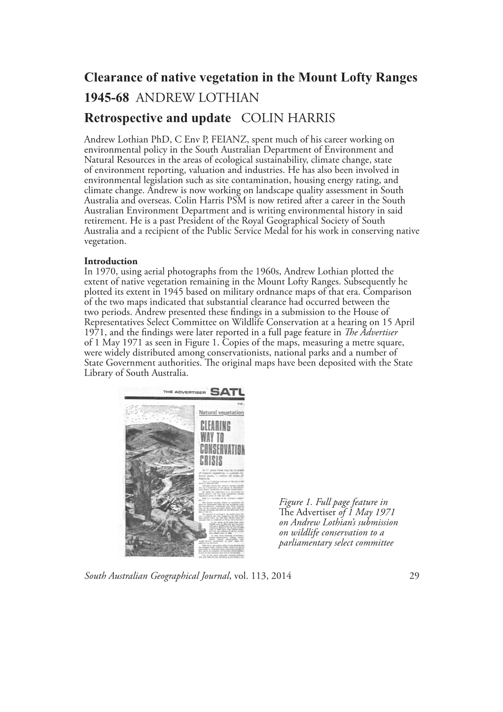 Clearance of Native Vegetation in the Mount Lofty Ranges 1945-68