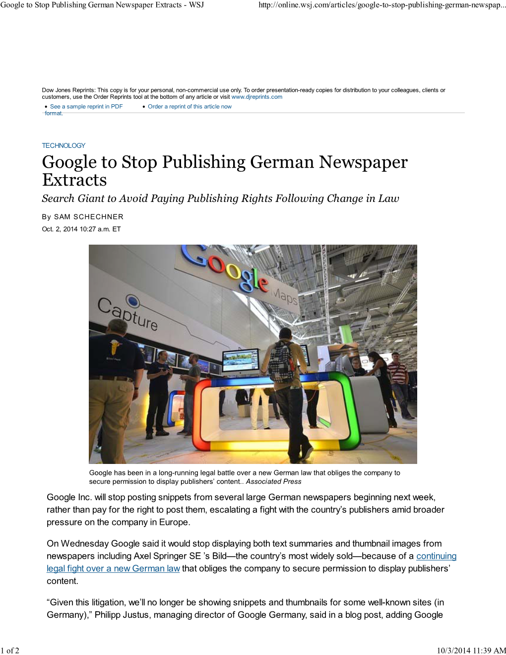 Google to Stop Publishing German Newspaper Extracts - WSJ