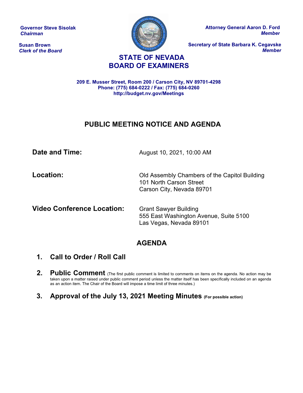 State of Nevada Board of Examiners Public Meeting