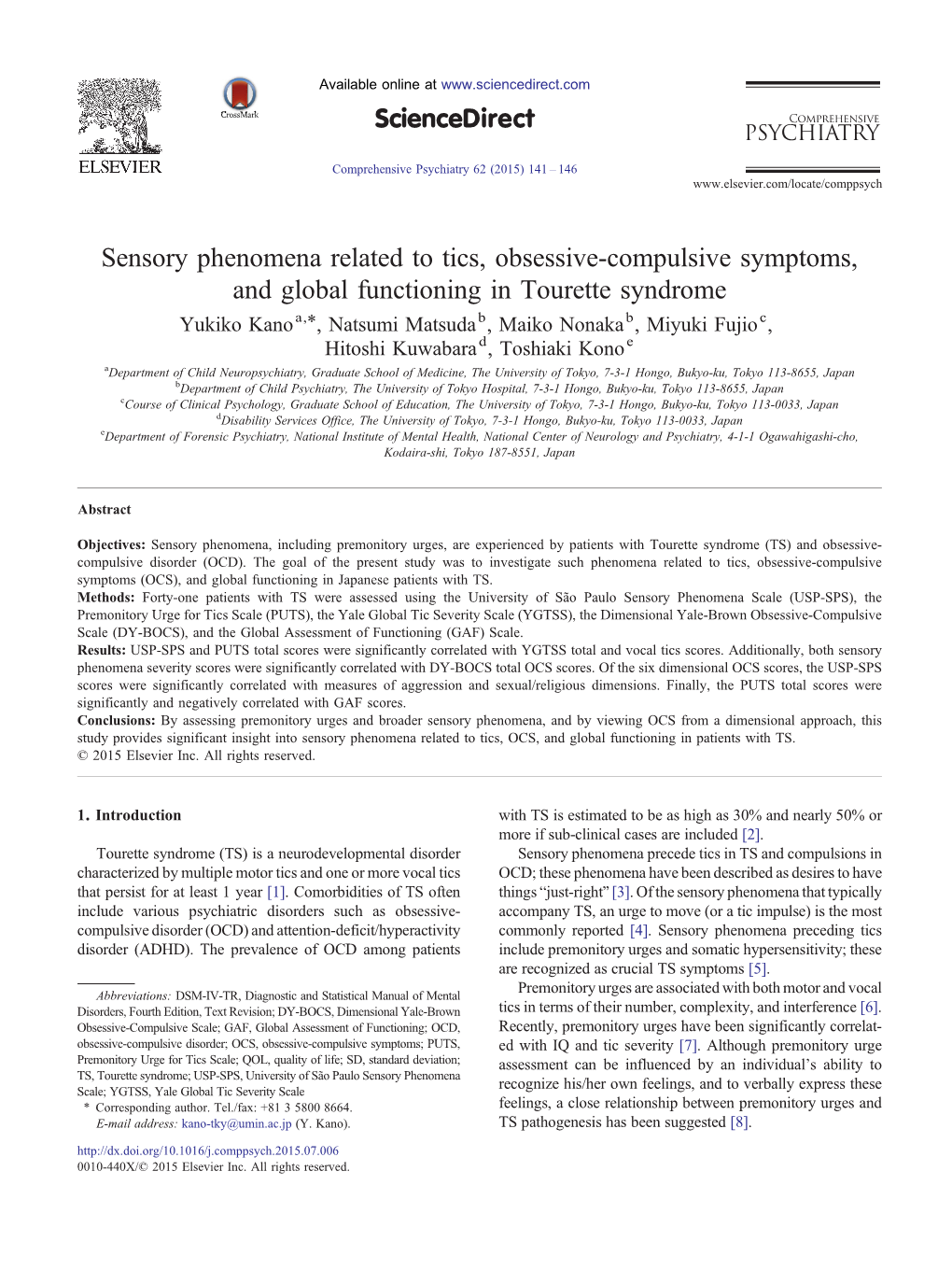 Sensory Phenomena Related to Tics, Obsessive-Compulsive Symptoms