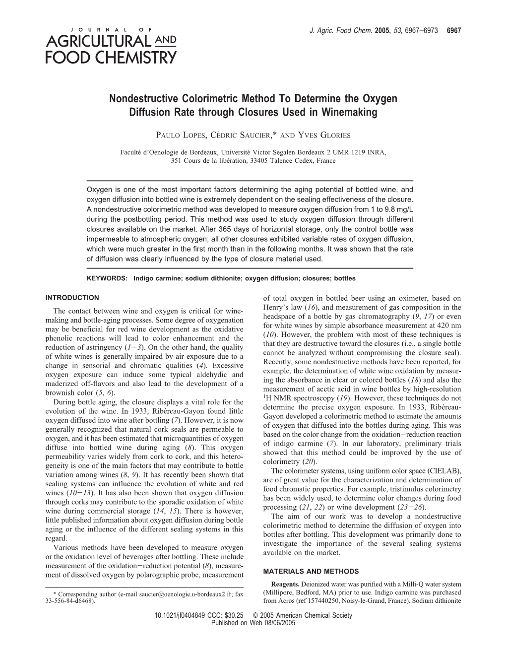 Nondestructive Colorimetric Method to Determine the Oxygen Diffusion Rate Through Closures Used in Winemaking