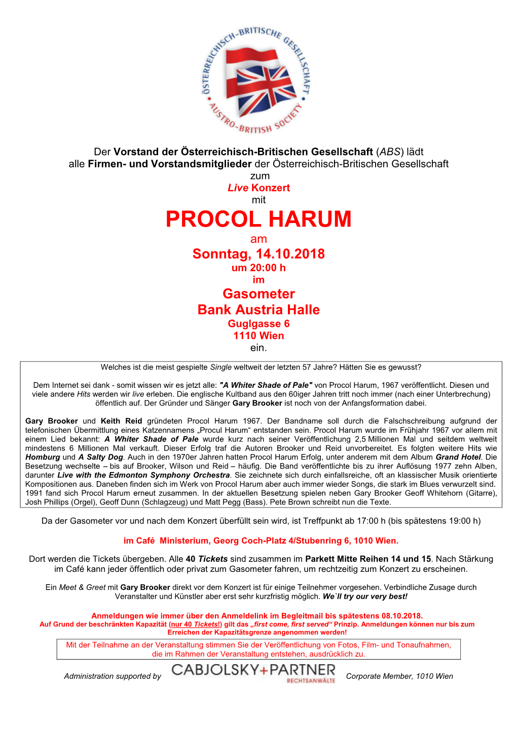 PROCOL HARUM Am Sonntag, 14.10.2018 Um 20:00 H Im Gasometer Bank Austria Halle Guglgasse 6 1110 Wien Ein