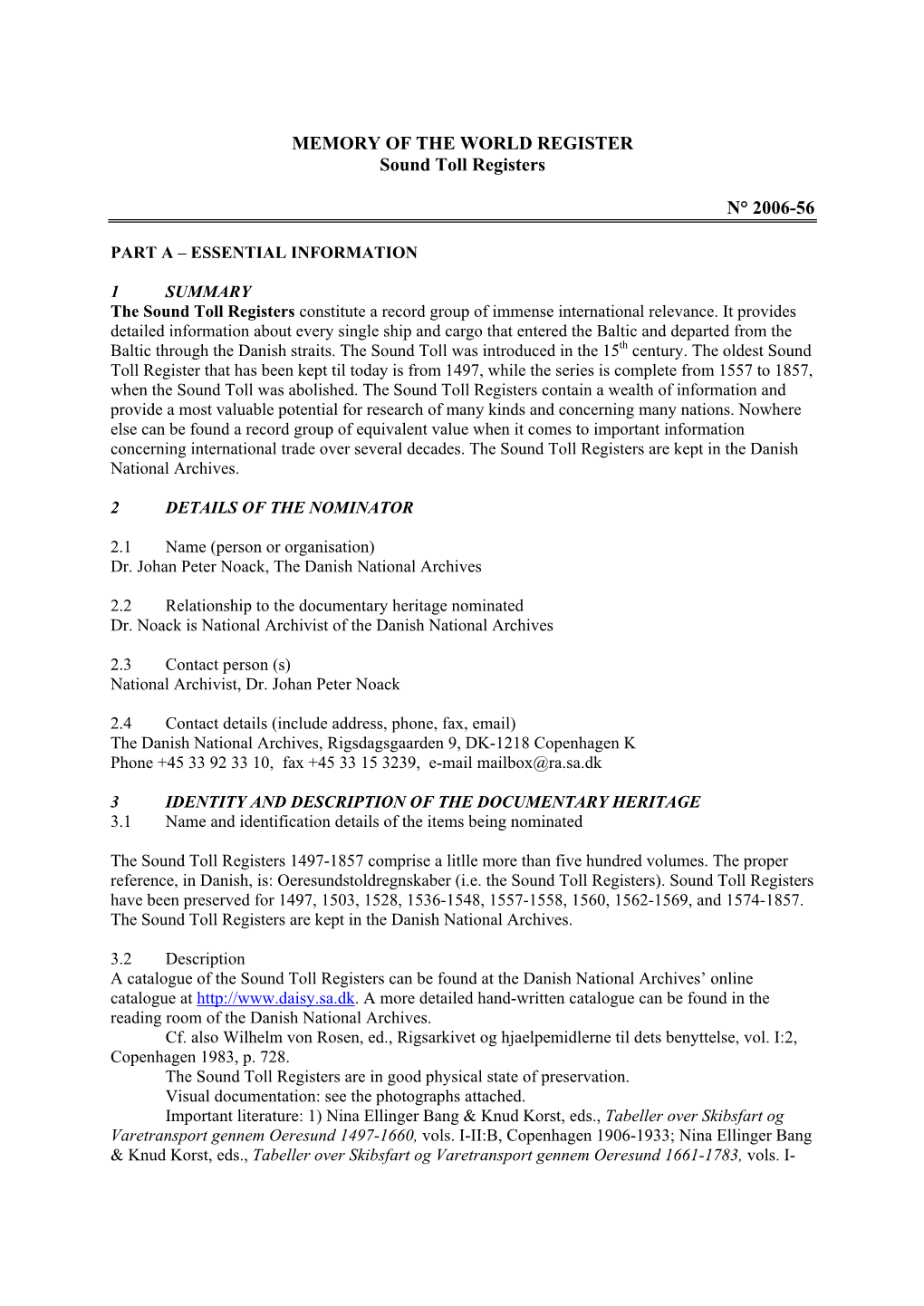 MEMORY of the WORLD REGISTER Sound Toll Registers