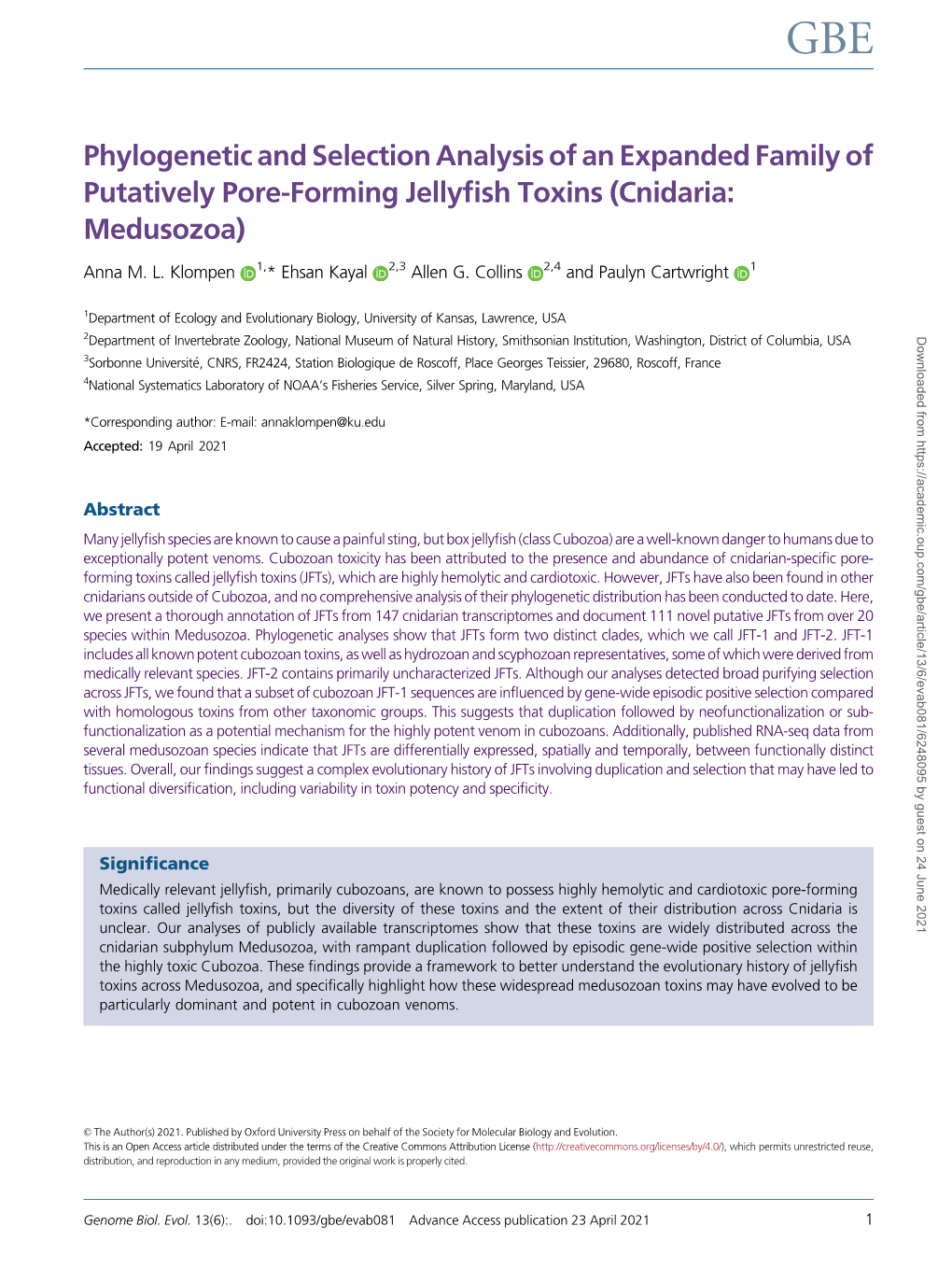 Phylogenetic and Selection Analysis of an Expanded Family of Putatively Pore-Forming Jellyﬁsh Toxins (Cnidaria: Medusozoa)